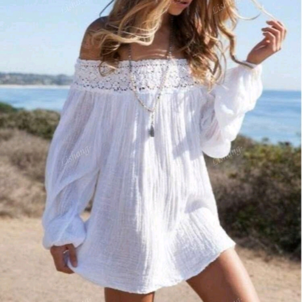 Casual Vacation Style Women's Lace Trim Off Shoulder Long Sleeve Blouse - Picture 4 of 5